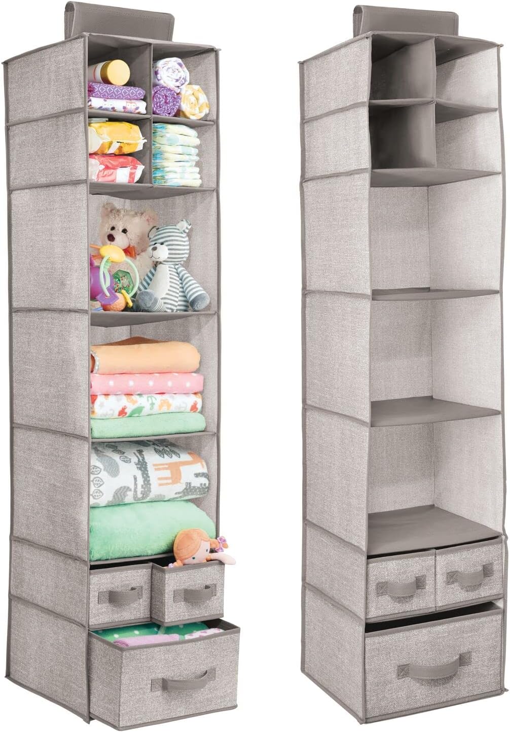 Blushbees Soft Fabric over Closet Rod Hanging Storage Organizer with 7 Shelves and 3 Removable Drawers.