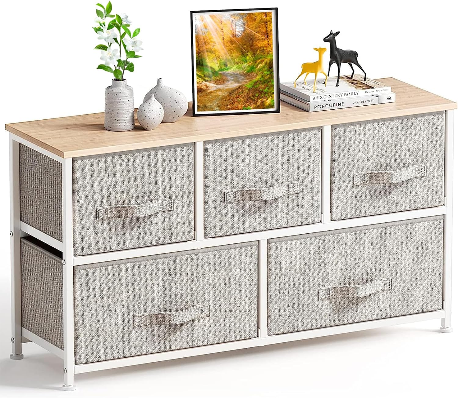 Blushbees® Fabric Dresser with 5 Drawers - Wood Top, Wide Storage Tower