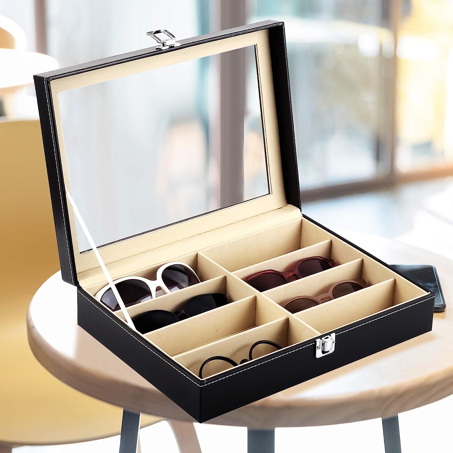 Blushbees® 8-Slot Sunglass Organizer - Black Leather Eyeglasses Display Case