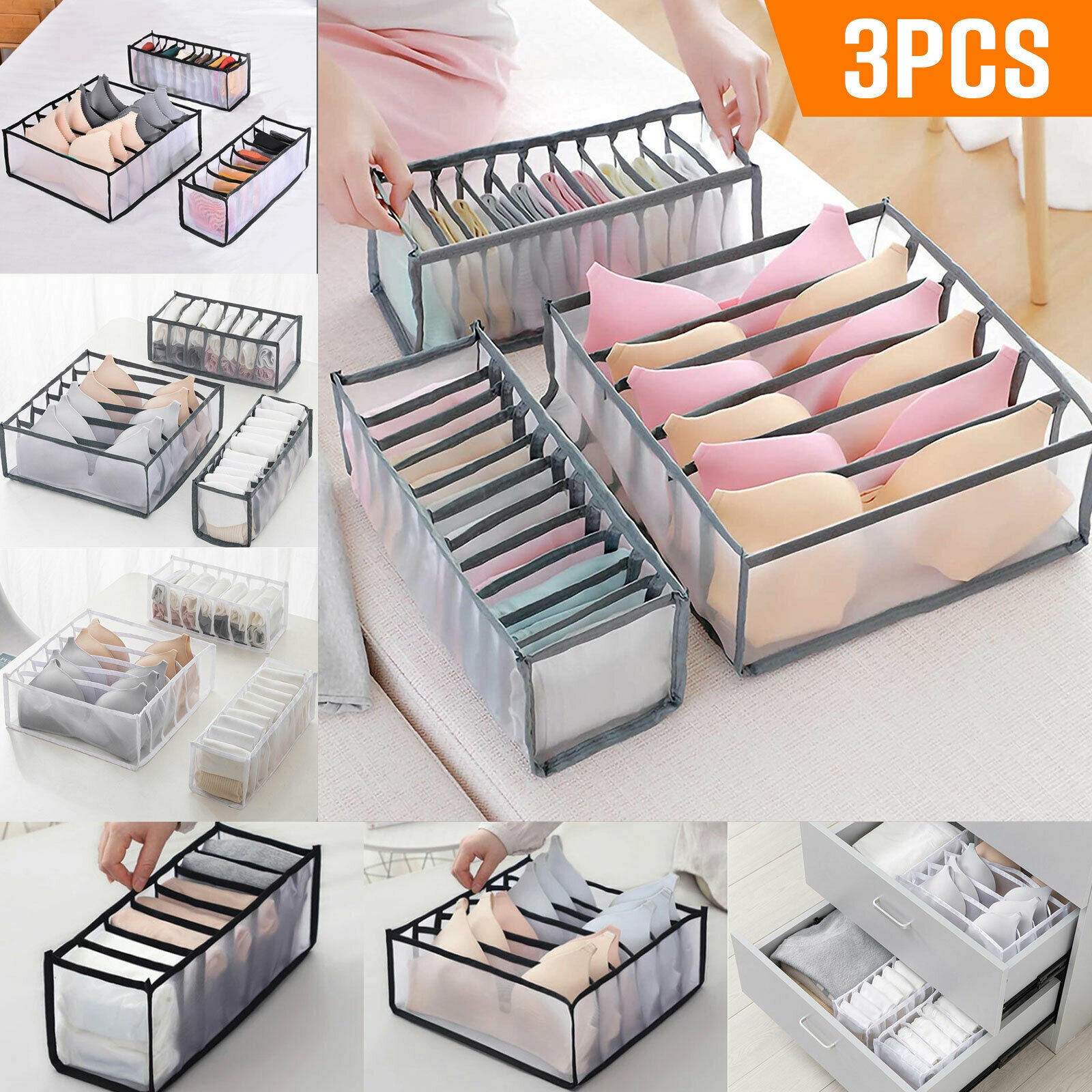 Non-woven Foldable Drawer Organizer For Underwear, Bras, Socks Space Saving  Compartment Storage Box (3 Pieces,gray)