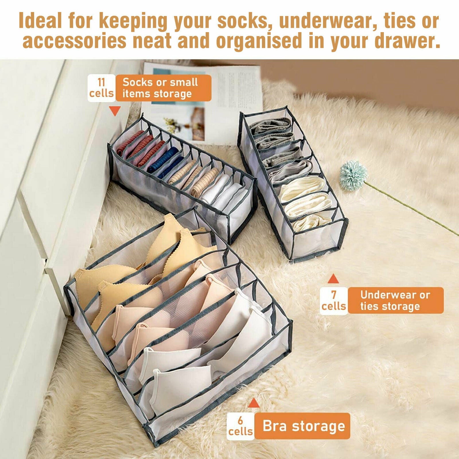 2 piece Socks, Ties,Cosmetic ,Bra Organizer Drawer storage box
